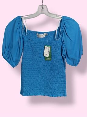 Contemporaine Smocked Puff Sleeve Top Blue Size Small NWT